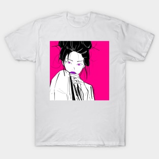 japanese folk geisha woman ecopop in pink portrait art T-Shirt